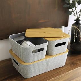 img 3 attached to 📦 LA JOLIE MUSE Mid-Century Modern Light Gray Tweed Fabric Storage Basket Set of 3 with Bamboo Lid - Multipurpose Organizer Bin for Cube Shelf, Closet, Bookcase, Drawer, Cabinet