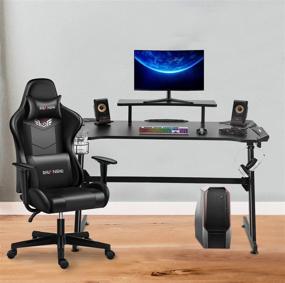 img 1 attached to 🖥️ Shuanghu Gaming Desk 47" Home Office Desk: Z-Shaped Computer Desk with Large Monitor Stand, Carbon Fiber Surface, Cup Holder - Black