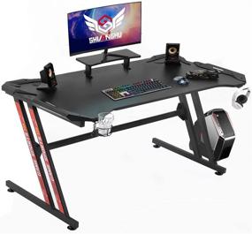 img 4 attached to 🖥️ Shuanghu Gaming Desk 47" Home Office Desk: Z-Shaped Computer Desk with Large Monitor Stand, Carbon Fiber Surface, Cup Holder - Black