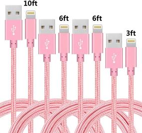 img 4 attached to Сертифицированный флетный кабель для зарядки Apple Braided Nylon Lightning - 4 штуки (3 фута 6 футов 6 футов 10 футов) - iPhone Max XS XR 8 Plus 7 Plus 6s 5s 5c Air iPad Mini iPod - Быстрая зарядка, розовый.