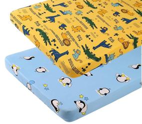 img 4 attached to 🐧 Tontukatu Pack n Play Stretchy Fitted Playard Sheet Set 2 Pack - Jersey Knit Ultra Soft Baby Boy Girl Portable Mini Crib Sheets, Convertible Playard Mattress Cover - Penguin Crocodile Monkey Design in Blue and Yellow