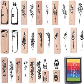 img 4 attached to 15-Piece Wooden Rubber Stamp Plant Flower Decoration Set with 6 Colorful Craft Rainbow Ink Pads - Ideal for DIY Crafts, Letters Diary, and Scrapbooking