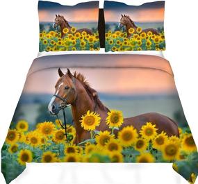 img 4 attached to 🐎 Feelyou Brown Horse Duvet Cover Set Twin Size with Sunflower Bedding - Kids Animal Comforter Cover for Wild-Themed Bedrooms