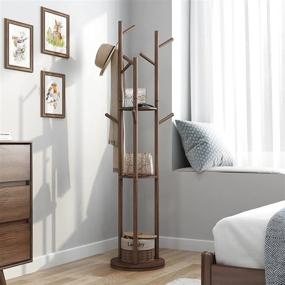 img 1 attached to 🧥 KASLANDI Wooden Coat Rack Freestanding: Stylish Rotary Stand with 3 Shelves and 9 Hooks, Ideal Hall Tree for Coats, Jackets, Hats, and More - Walnut Brown