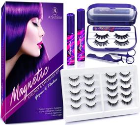 img 4 attached to 💕 Arishine Magnetic Eyelashes and Eyeliner Kit - 10-Pair Reusable Natural Magnetic Lashes, 2 Pair Fluffy Magnetic Eyelashes, 2 Tubes of Magnetic Eyeliner with Scissors, Tweezers, and Mirror Case