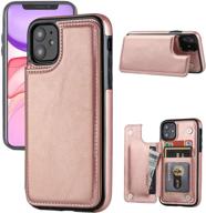 📱 joyaki iphone 11 wallet case with card holder - premium pu leather, kickstand, card slots, free screen protector, double magnetic clasp, shockproof cover - rose gold (6.1") logo