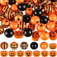 🎃 halloween wood beads set - 160 pieces grimace, pumpkins, buffalo plaid black white stripe, craft wooden beads in black and orange for farmhouse home decoration logo