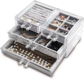 img 4 attached to 💎 Gray Acrylic Jewelry Box with 4 Drawers - Clear Organizer for Rings, Necklaces, Earrings, Bracelets - Display Case Stand Holder Tray for Women and Girls