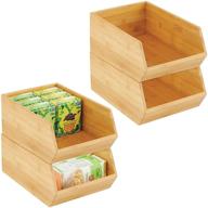 mdesign bamboo stackable food storage organization bin basket - wide open front for kitchen cabinets, pantry, offices, closets - 4 pack - natural wood: versatile storage solution for snacks, dry goods, packets, spices, and teas логотип