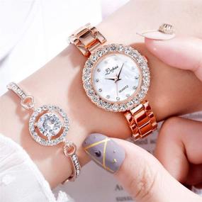 img 3 attached to ManChDa Luxury Women's Watch - Iced Out Quartz Movement Crystal Diamond Fashion Statement Timepiece with Romantic Charm + Jewelry Cuff Bracelet Set