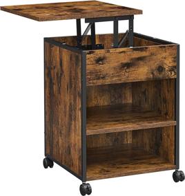 img 4 attached to 🛏️ VASAGLE Rustic Brown and Black Nightstand with Lifting Top, Height Adjustable End Table, Lockable Casters Side Table, 2 Open Shelves with Hidden Storage Compartment, Bedroom Bedside Table ULET511B01