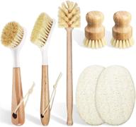 versatile 7-piece bamboo kitchen dish scrub cleaning brush set: short and long handle brushes, coconut bristles, loofah sponge - ideal for cast iron skillets, kitchen sinks, bathrooms, and household cleaning logo