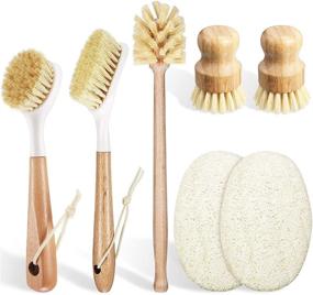 img 4 attached to Versatile 7-Piece Bamboo Kitchen Dish Scrub Cleaning Brush Set: Short and Long Handle Brushes, Coconut Bristles, Loofah Sponge - Ideal for Cast Iron Skillets, Kitchen Sinks, Bathrooms, and Household Cleaning