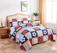 🏈 king size boys girls plaid sport bedspread coverlet - rugby football soccer basketball baseball printed bedding set - all-season reversible quilt set for teens, children, sports fans - blue logo