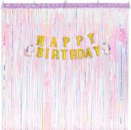 valery madelyn iridescent pink and blue tinsel foil fringe curtain photo booth backdrop with birthday and unicorn banner - stunning party decorations logo