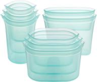 🥡 zip top reusable 100% silicone food storage bags and containers - full usa-made set: 3 cups, 3 dishes & 2 bags (teal) логотип