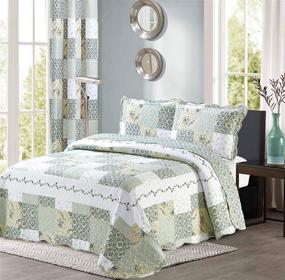 img 4 attached to 🌿 All American Collection: Reversible 3pc Floral Patchwork Bedspread/Quilt Set – Blue/Green (King/Cal King Size)