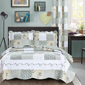 img 3 attached to 🌿 All American Collection: Reversible 3pc Floral Patchwork Bedspread/Quilt Set – Blue/Green (King/Cal King Size)