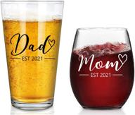 🍷 stemless wine and beer glass set - mom & dad est 2021, perfect new parents gift for baby shower, mother’s day, father’s day, christmas, birthday, and daily use logo