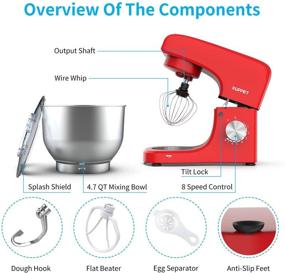 img 3 attached to 🍰 KUPPET Stand Mixer - 8-Speed Tilt-Head Electric Food Stand Mixer with Dough Hook, Wire Whip & Beater, Pouring Shield, 4.7QT Stainless Steel Bowl in Red