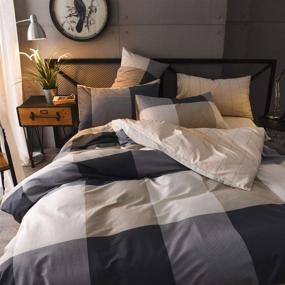 img 1 attached to 🛏️ Mixinni Luxury King Size Duvet Cover Sets - Geometric Checkered Reversible Striped Pattern Bedding Cover for Men Women - Soft Cotton Grey Beige Plaid Bedding Set with Zipper Ties