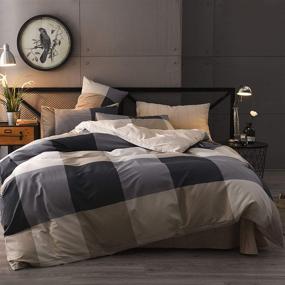 img 4 attached to 🛏️ Mixinni Luxury King Size Duvet Cover Sets - Geometric Checkered Reversible Striped Pattern Bedding Cover for Men Women - Soft Cotton Grey Beige Plaid Bedding Set with Zipper Ties