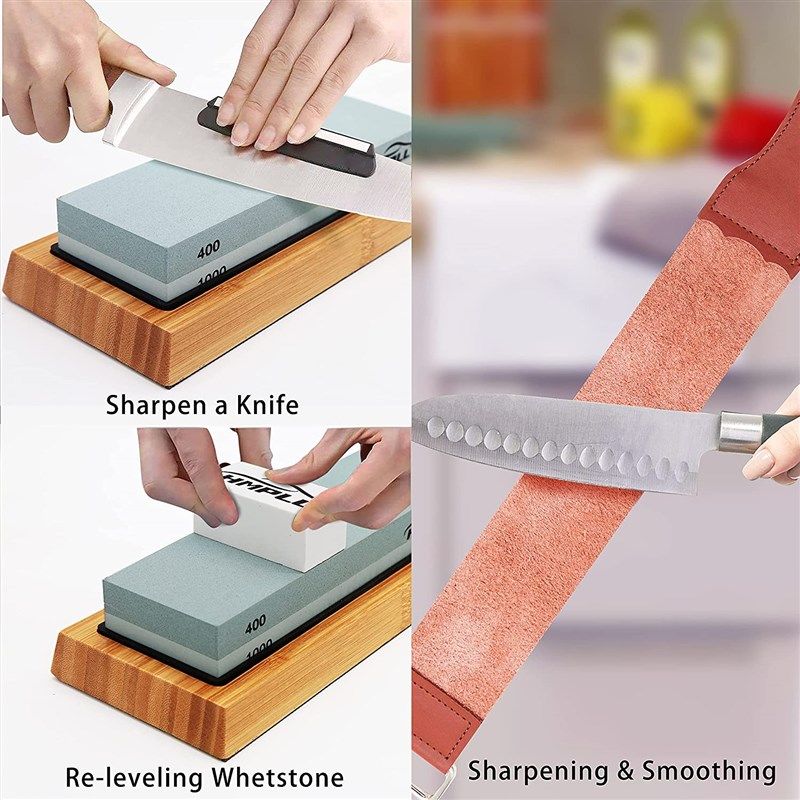 Knife Sharpening Stone Set, HMPLL Whetstone Knife Sharpener Stone Set 4  Side Grit 400/1000 3000/8000, Professional Include Non-Slip Bamboo Base