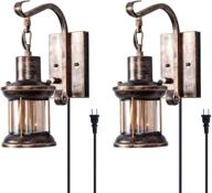 🏮 2-pack of rustic wall lights in oil rubbed bronze finish - vintage hardwired/plug-in industrial glass shade lantern lighting fixture with retro lamp style for home, bedroom, dining room, café логотип