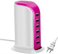 🔌 usb charging station, 6-port tower portable travel/home charger with smart flow - suitable for mobile phones, tablets - multi-port usb wall socket charger (rose red) logo