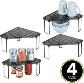 img 3 attached to mDesign Steel Corner Organizer Shelf for Kitchen Countertop and Pantry - Stackable, Foldable, Sturdy Design for Storing Plates, Canned Goods, Supplies - 4 Pack in Black/Smoke Gray, Ligne Collection