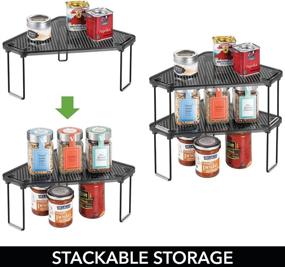 img 2 attached to mDesign Steel Corner Organizer Shelf for Kitchen Countertop and Pantry - Stackable, Foldable, Sturdy Design for Storing Plates, Canned Goods, Supplies - 4 Pack in Black/Smoke Gray, Ligne Collection