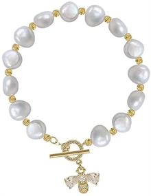 img 4 attached to 🐝 Dainty Pearl Bee Bracelet for Petite Women and Girls - Gold Plated with Cubic Zirconia Honeybee, Geometric Imitation Pearls, Ball Bead, and OT Clasp - Handmade Charm Chain Baroque Retro Jewelry - Ideal Gifts for Daughter and Niece