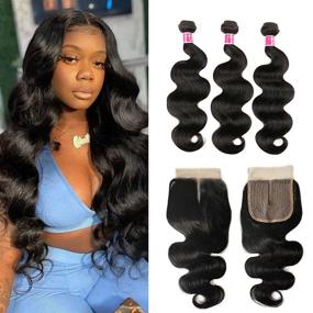 img 4 attached to 🌊 Brazilian Body Wave Bundles with Closure (16 18 20+14 T-Part Closure, 350g) - High Quality 9A Brazilian Hair Bundles with HD Closure - Human Hair Weave Bundle with 4x4x1 Middle Part Lace Closure