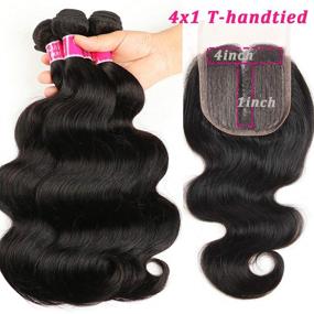 img 3 attached to 🌊 Brazilian Body Wave Bundles with Closure (16 18 20+14 T-Part Closure, 350g) - High Quality 9A Brazilian Hair Bundles with HD Closure - Human Hair Weave Bundle with 4x4x1 Middle Part Lace Closure