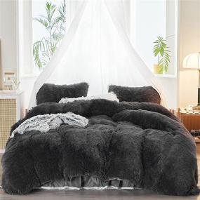 img 4 attached to 💤 FlySheep Luxury Shaggy Duvet Cover Set Queen Size, Ultra Soft Dark Gray Faux Fur Plush Fluffy Bedding Set - Warm Winter Bed Set