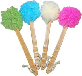 img 4 attached to 🚿 4 Pack Shower Loofah Body & Back Scrubber - Exfoliating luffa Loofah Bath Brush On a Stick - Long Wooden Handle Back Brush For Men & Women - Easy Reach Body Wash & Lotion Applicator