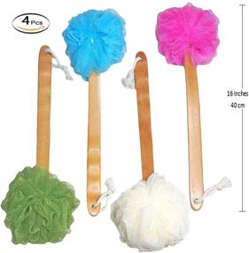 img 3 attached to 🚿 4 Pack Shower Loofah Body & Back Scrubber - Exfoliating luffa Loofah Bath Brush On a Stick - Long Wooden Handle Back Brush For Men & Women - Easy Reach Body Wash & Lotion Applicator