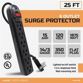 img 3 attached to Black Power Strip Surge Protector with 6 Outlets, 25-Foot Extension Cord, Flat Plug - ETL Listed/UL Standard, Digital Energy