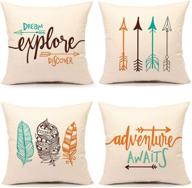 🌍 inspirational quote throw pillow case set - adventure awaits, dream explore discover, ethnic arrows, feathers - 18" x 18", cotton linen decorative cushion covers - set of 4 логотип