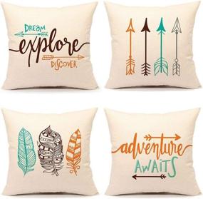 img 4 attached to 🌍 Inspirational Quote Throw Pillow Case Set - Adventure Awaits, Dream Explore Discover, Ethnic Arrows, Feathers - 18" x 18", Cotton Linen Decorative Cushion Covers - Set of 4