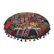 🧵 vintage embroidered round cotton floor cushion cover - black 32" tuffet indian floor pillow cover: a patchwork masterpiece logo