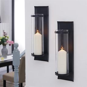 img 2 attached to 🖼️ Danya B Wrought Iron Rectangle Wall Accent - Set of 2 Metal Pillar Candle Sconces with Glass Inserts, Black
