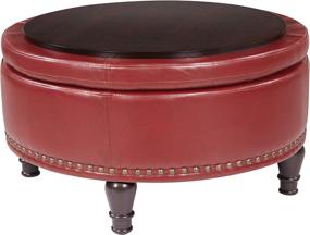 img 3 attached to 🔴 OSP Home Furnishings Augusta Round Storage Ottoman: Nailhead Accents, Flip Lid & Serving Tray – Crimson Red Faux Leather