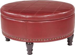 img 2 attached to 🔴 OSP Home Furnishings Augusta Round Storage Ottoman: Nailhead Accents, Flip Lid & Serving Tray – Crimson Red Faux Leather