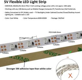 img 1 attached to 5M USB LED Strip Light, 300 SMD 3528, White, Non-Waterproof, Cool White 6000-6500K - Ideal for TV, PC, Computer Case Back Lighting and Under Counter Light - Pack of 5 Meters