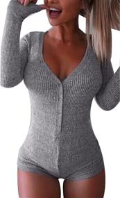 img 2 attached to 👗 Moxeay Women's Deep V Neck Onesie Pajamas: Knitted Short Romper for Ultimate Comfort and Style