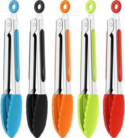 img 4 attached to 🍳 5-Piece Set of 7-Inch Silicone Tongs with Stainless Steel Handles - Mini Kitchen Tongs with Silicone Tips for Salad, Grilling, Frying, and Cooking (Black, Red, Blue, Orange, Green)