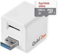 📱 efficient photo storage device for iphone & android - qubii duo usb-a, auto backup, apple mfi certified, 128gb white logo