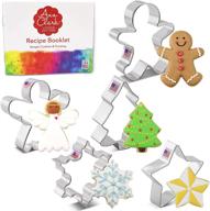 🎄 ann clark 5-piece christmas holiday cookie cutter set with recipe booklet - snowflake, star, christmas tree, gingerbread man, angel logo