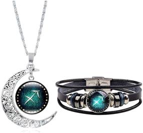 img 1 attached to 🌙 Zodiac Necklace Bracelet Set: Dcfywl731, 12 Constellation Multilayer Leather Bracelet and Moon Pendant Necklace Jewelry for Women, Men, and Girls